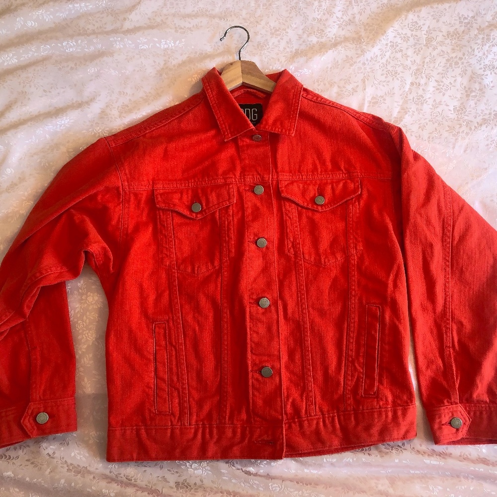 new red BDG jacket with tag